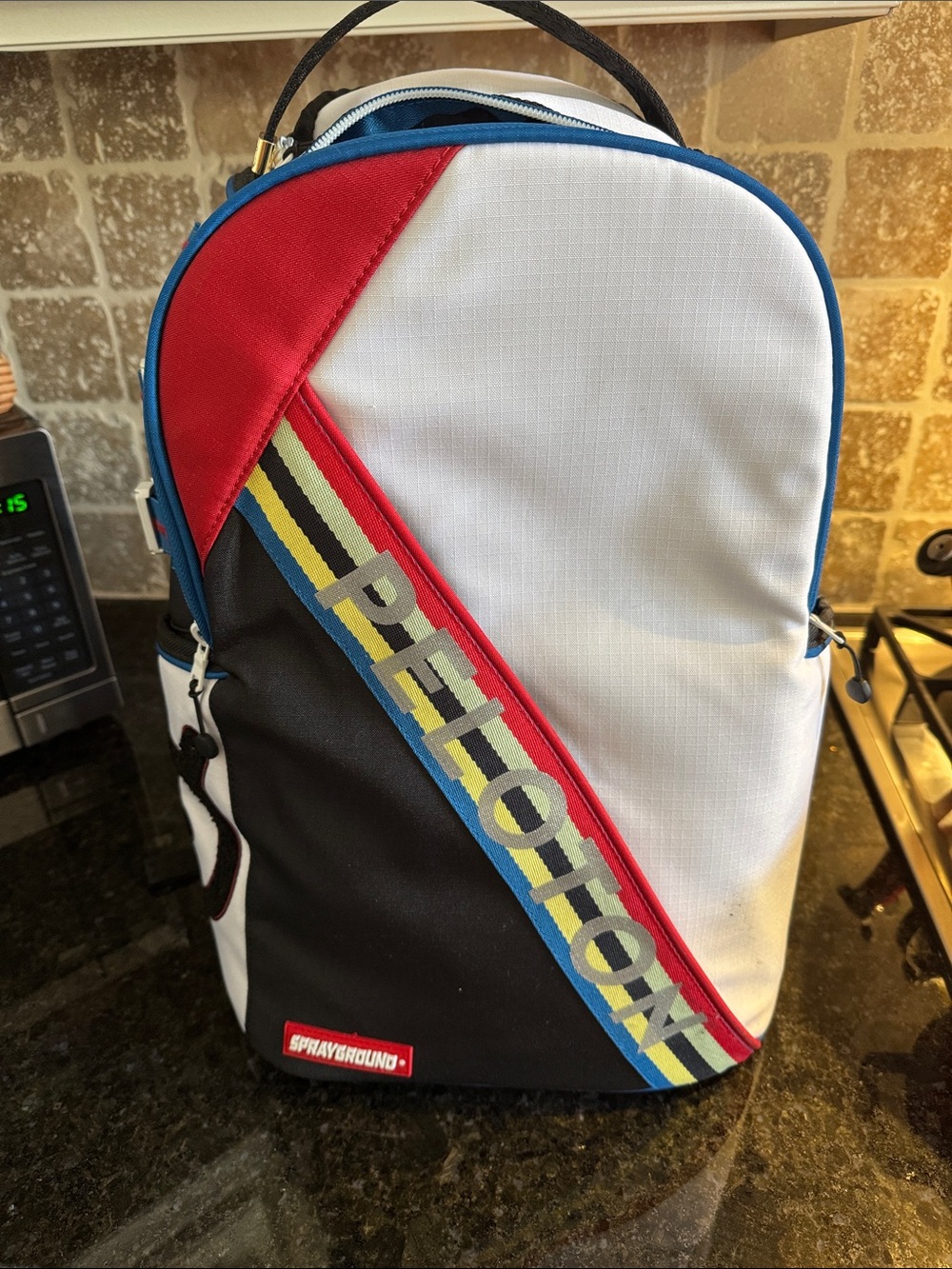 Peloton Sprayground White Black & Red Diagonal Stripe Backpack